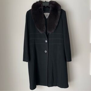 VINTAGE Marvin Richards 100% Lambswool Long Black Jacket Women's 12 Fur Collar